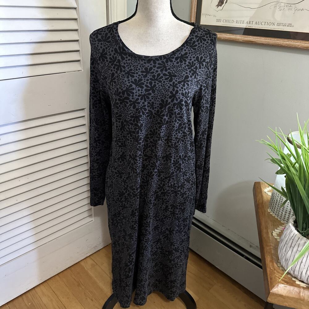 Gudrun Sjoden Dress Womens Medium Gray Black Floral Shift Lagenlook Boho Chic